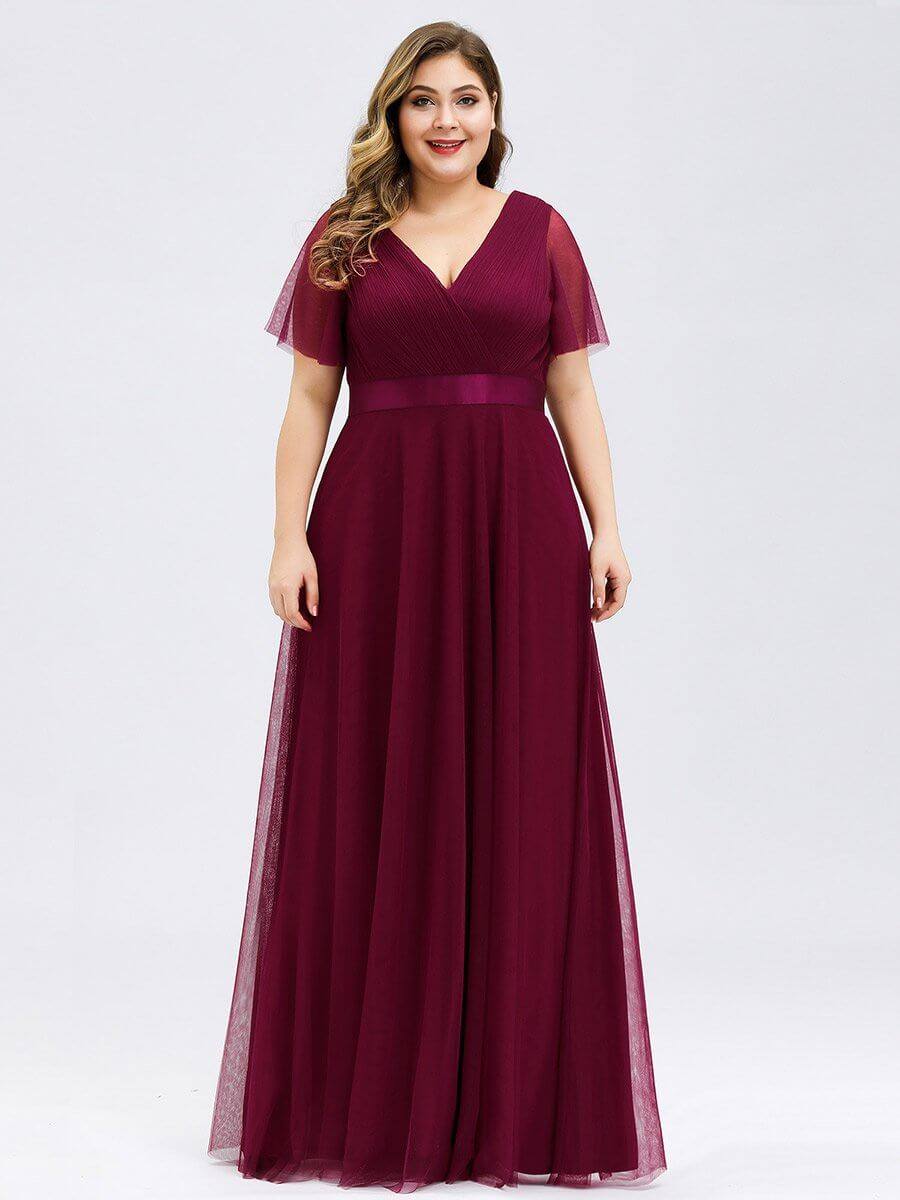 Burgundy V-neck Ruffle Sleeve Mesh Bridesmaid Evening Gown Lucy - RongMoon