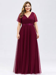 Burgundy V-neck Ruffle Sleeve Mesh Bridesmaid Evening Gown Lucy - RongMoon