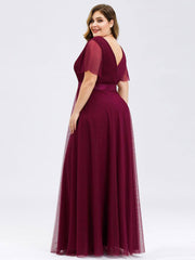 Burgundy V-neck Ruffle Sleeve Mesh Bridesmaid Evening Gown Lucy - RongMoon