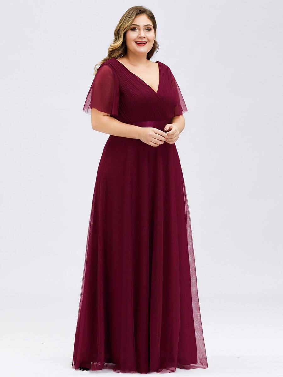 Burgundy V-neck Ruffle Sleeve Mesh Bridesmaid Evening Gown Lucy - RongMoon