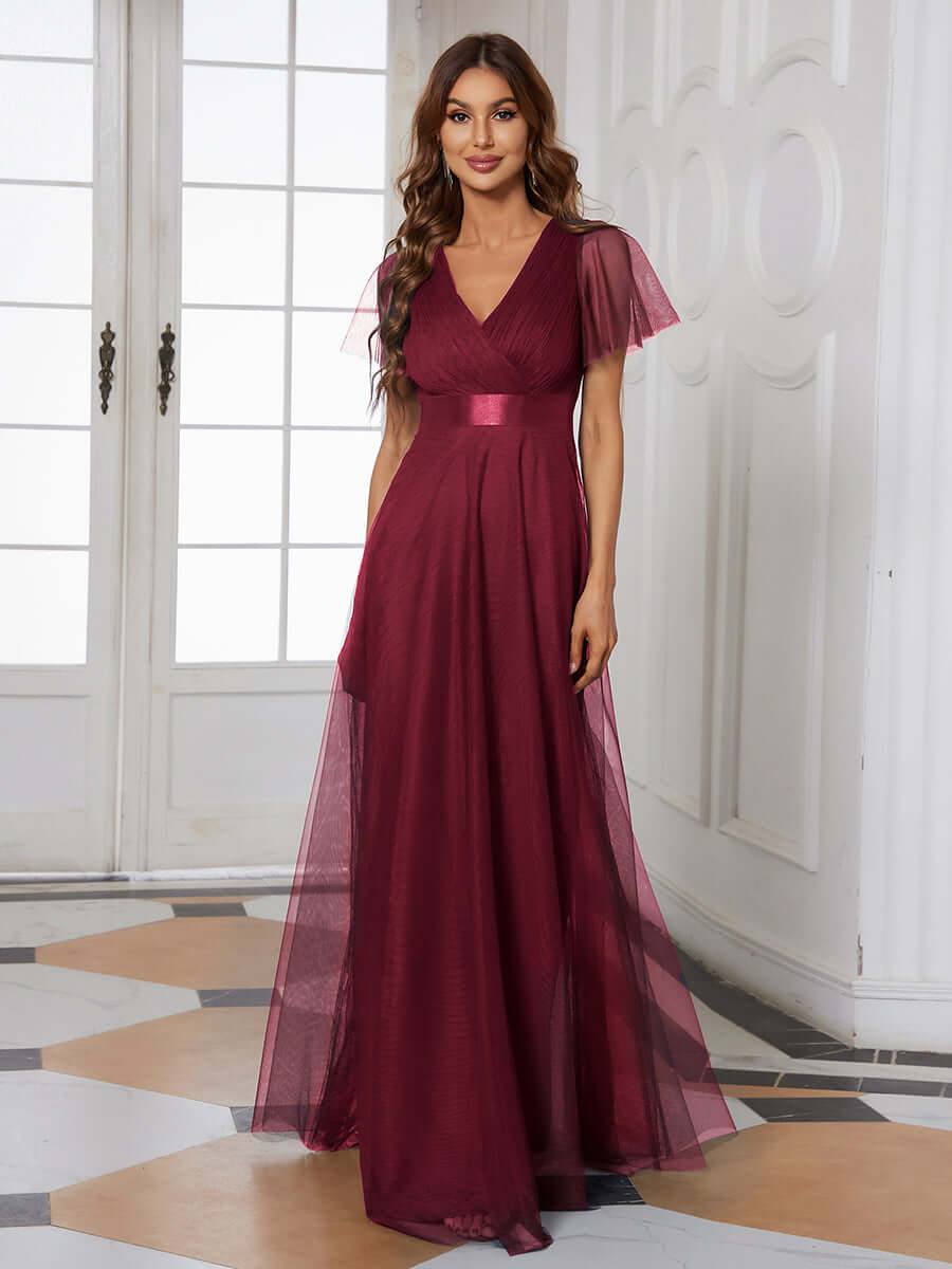 Burgundy V-neck Ruffle Sleeve Mesh Bridesmaid Evening Gown Lucy - RongMoon