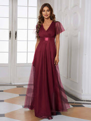 Burgundy V-neck Ruffle Sleeve Mesh Bridesmaid Evening Gown Lucy - RongMoon