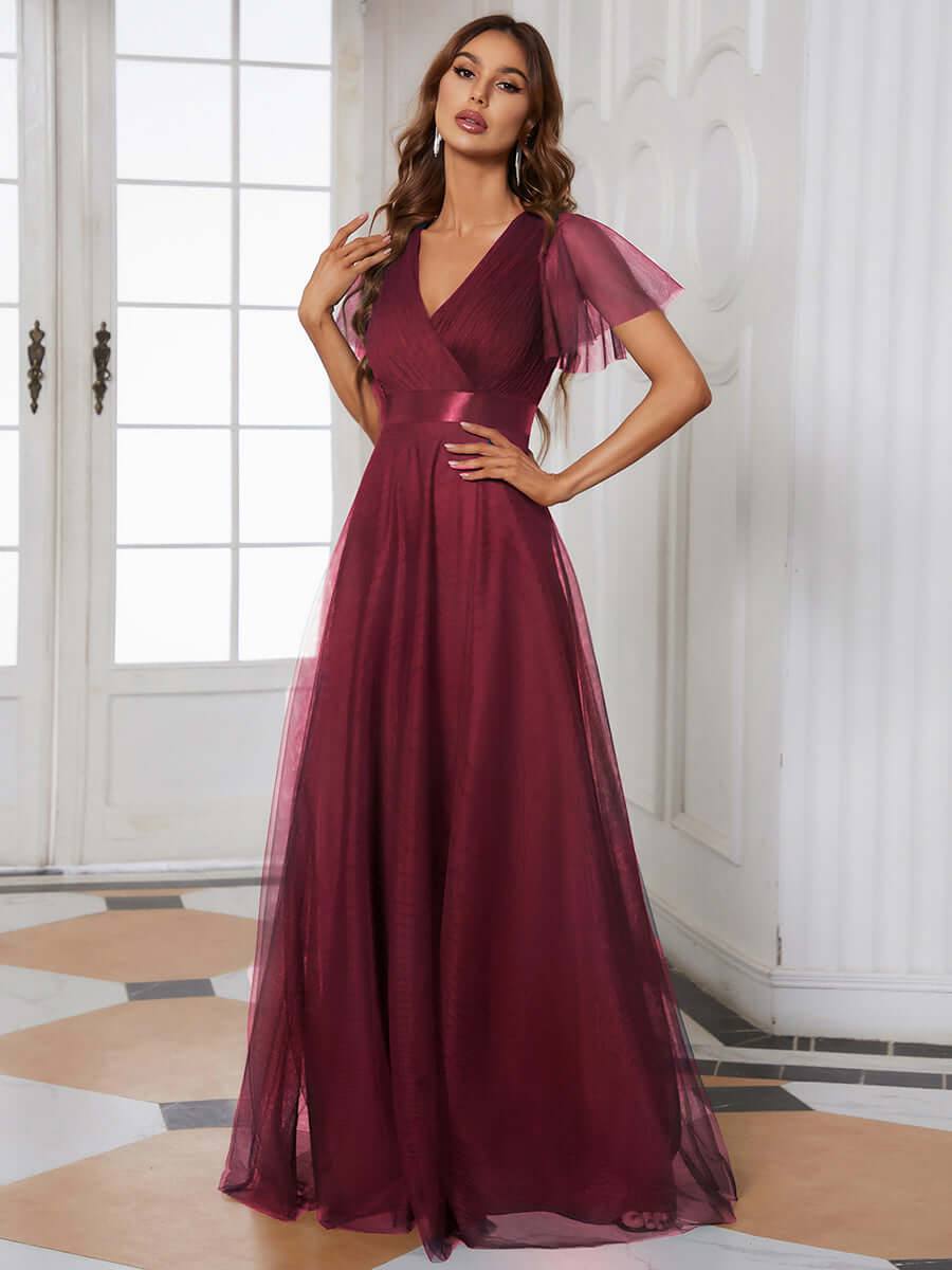 Burgundy V-neck Ruffle Sleeve Mesh Bridesmaid Evening Gown Lucy - RongMoon