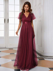 Burgundy V-neck Ruffle Sleeve Mesh Bridesmaid Evening Gown Lucy - RongMoon
