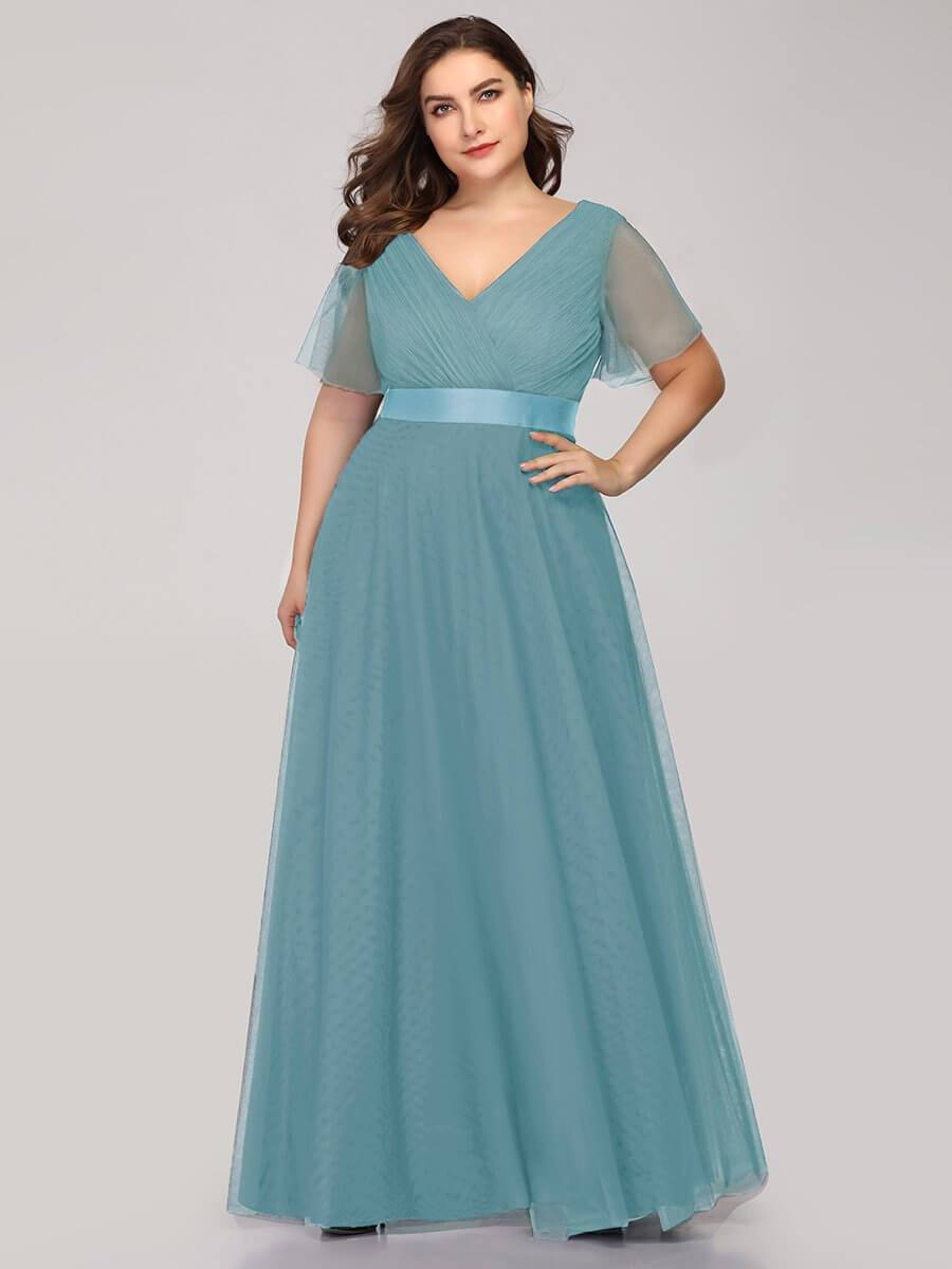 Plus Size Flutter Sleeve Crisscross Mesh Evening Gown-Lucy - RongMoon