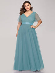 Plus Size Flutter Sleeve Crisscross Mesh Evening Gown-Lucy - RongMoon