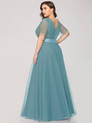 Plus Size Flutter Sleeve Crisscross Mesh Evening Gown-Lucy - RongMoon