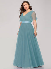 Plus Size Flutter Sleeve Crisscross Mesh Evening Gown-Lucy - RongMoon