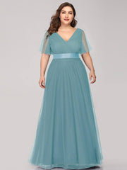 Plus Size Flutter Sleeve Crisscross Mesh Evening Gown-Lucy - RongMoon