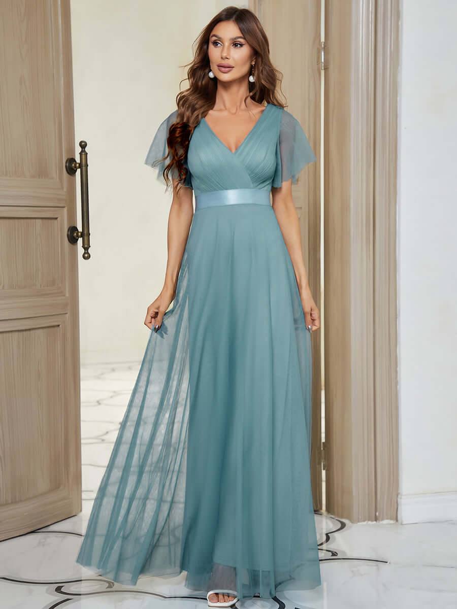 Plus Size Flutter Sleeve Crisscross Mesh Evening Gown-Lucy - RongMoon
