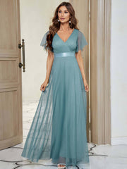 Plus Size Flutter Sleeve Crisscross Mesh Evening Gown-Lucy - RongMoon