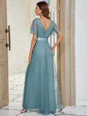 Plus Size Flutter Sleeve Crisscross Mesh Evening Gown-Lucy - RongMoon