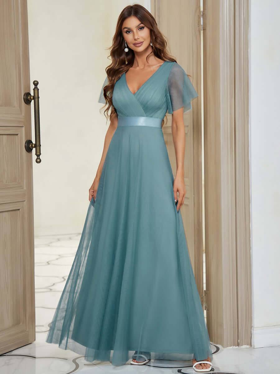 Plus Size Flutter Sleeve Crisscross Mesh Evening Gown-Lucy - RongMoon