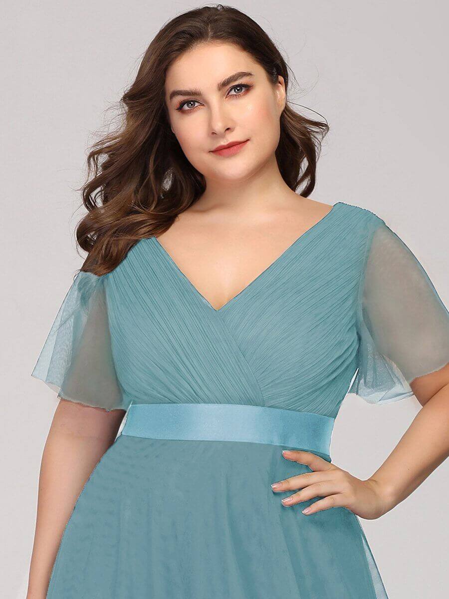 Plus Size Flutter Sleeve Crisscross Mesh Evening Gown-Lucy - RongMoon