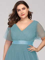 Plus Size Flutter Sleeve Crisscross Mesh Evening Gown-Lucy - RongMoon