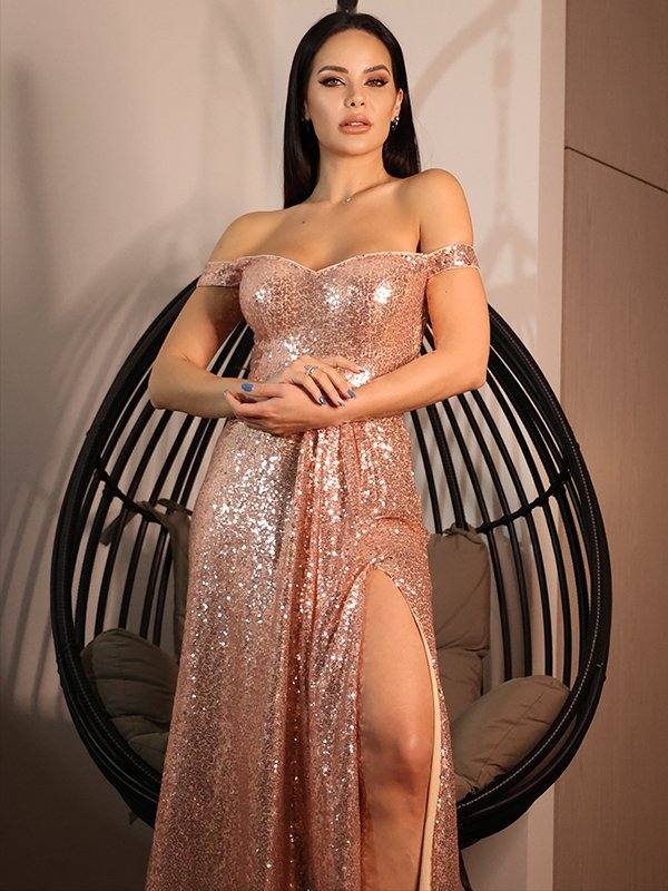 A-Line/Princess Sequins Ruffles Off-the-Shoulder Sleeveless Sweep/Brush Train Dresses - RongMoon