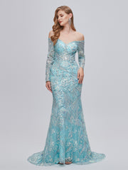 Mint Sparkle Tulle Long Sleeve Trumpet Mermaid Prom Dress