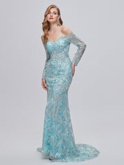 Mint Sparkle Tulle Long Sleeve Trumpet Mermaid Prom Dress