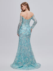 Mint Sparkle Tulle Long Sleeve Trumpet Mermaid Prom Dress