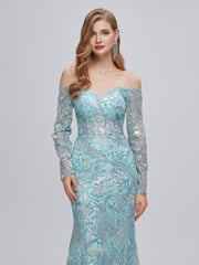 Mint Sparkle Tulle Long Sleeve Trumpet Mermaid Prom Dress