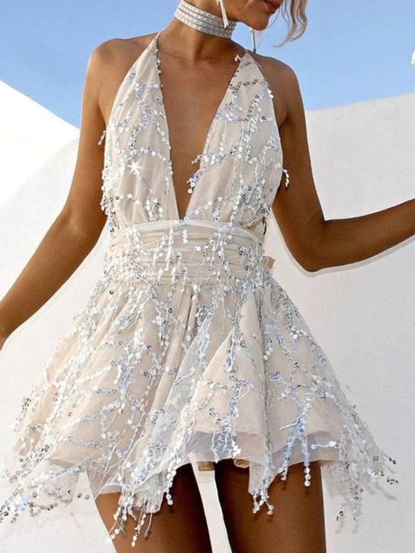 Sparkly Deep V-neck Cross Back A-line Short Homecoming Dresses Online, HD0619