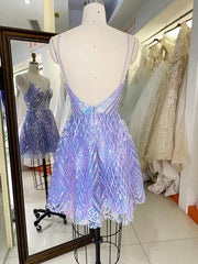 Sparkly Spaghetti Straps V-neck Sequin Short Purple Homecoming Dresses Online, HD0622