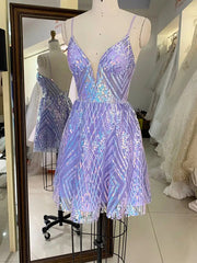 Sparkly Spaghetti Straps V-neck Sequin Short Purple Homecoming Dresses Online, HD0622