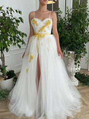 White sweetheart neck tulle lace long prom dress, white evening dress - RongMoon