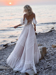 New Arrival Elegant Off the Shoulder Tulle A-line Spaghetti Straps Tulle Wedding Dress Online, WD0520