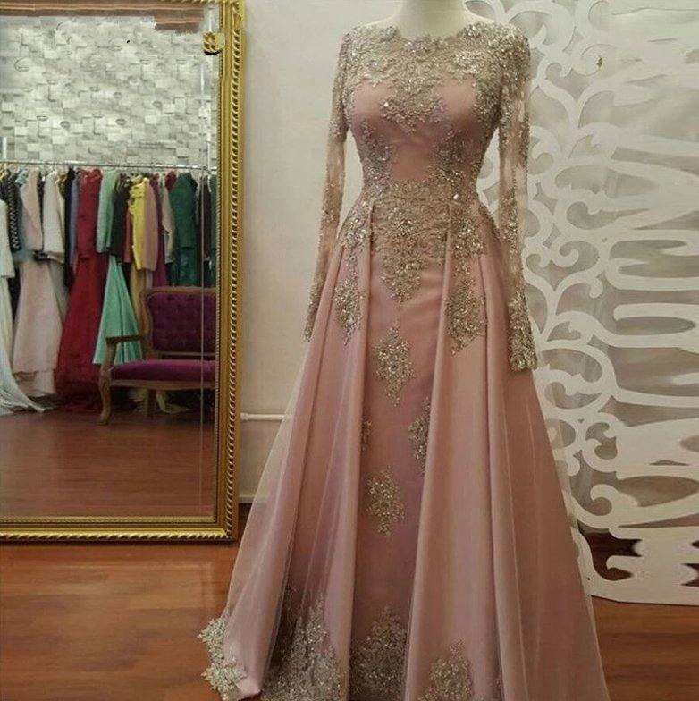 Plus Size Muslim Evening Dresses A-line Long Sleeves Pearls Lace Islamic Dubai Kaftan Saudi Arabic Long Formal Evening Gown - RongMoon