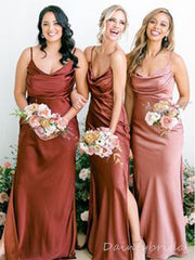 Elegant Spaghetti Straps Scoop Neck Sheath Satin Bridesmaid Dress with Side Slit customized, BG211