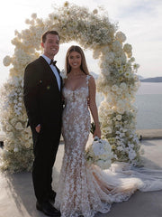 Gorgeous Straps Mermaid Applique White Wedding Dress with Trailing, WD0524