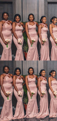 Elegant Cross Straps Mermaid Sleeveless Soft Satin Long Bridesmaid Dress customized, BG215