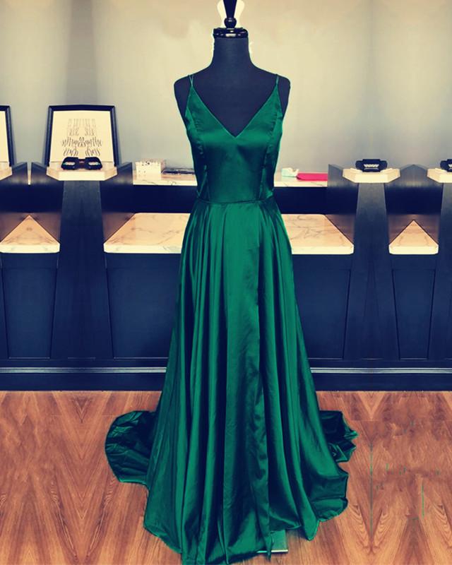 Sexy Spaghetti Straps V-neck Long Satin Prom Dresses