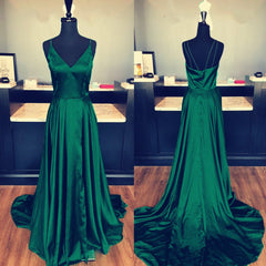 Sexy Spaghetti Straps V-neck Long Satin Prom Dresses