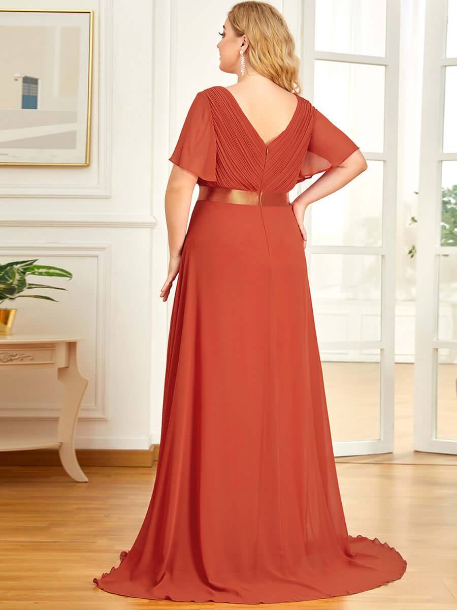 Burnt Orange Ruffle Sleeve Chiffon  Bridesmaid Dresses-Mei - RongMoon