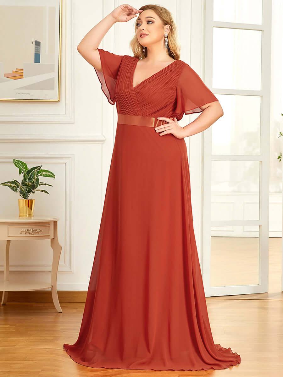 Burnt Orange Ruffle Sleeve Chiffon  Bridesmaid Dresses-Mei - RongMoon