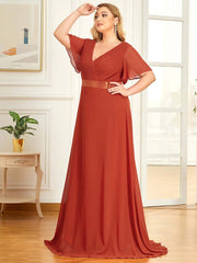 Burnt Orange Ruffle Sleeve Chiffon  Bridesmaid Dresses-Mei - RongMoon