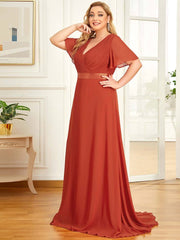 Burnt Orange Ruffle Sleeve Chiffon  Bridesmaid Dresses-Mei - RongMoon