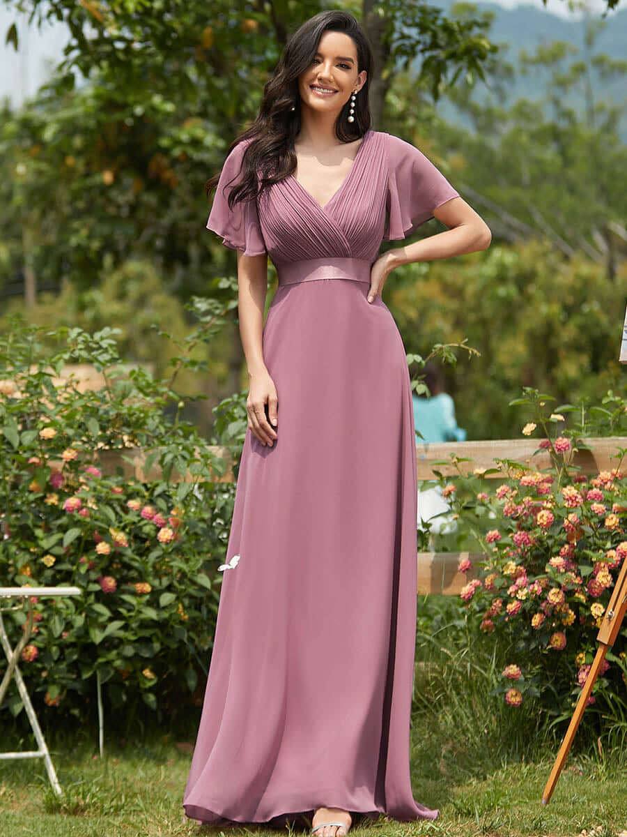 Dusty Rose Pleated Ruffle Sleeves Bridesmaid Dresses-Mei - RongMoon