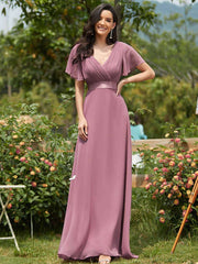 Dusty Rose Pleated Ruffle Sleeves Bridesmaid Dresses-Mei - RongMoon