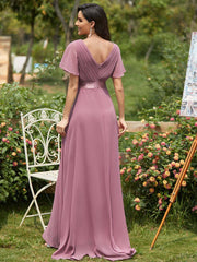 Dusty Rose Pleated Ruffle Sleeves Bridesmaid Dresses-Mei - RongMoon