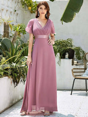 Dusty Rose Pleated Ruffle Sleeves Bridesmaid Dresses-Mei - RongMoon