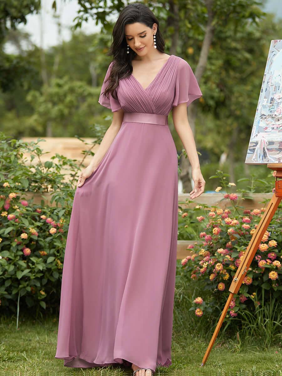 Dusty Rose Pleated Ruffle Sleeves Bridesmaid Dresses-Mei - RongMoon