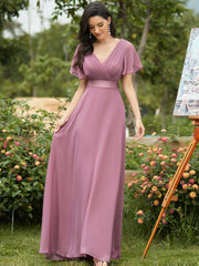 Dusty Rose Pleated Ruffle Sleeves Bridesmaid Dresses-Mei - RongMoon