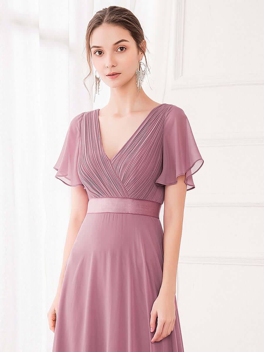 Dusty Rose Pleated Ruffle Sleeves Bridesmaid Dresses-Mei - RongMoon