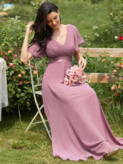 Dusty Rose Pleated Ruffle Sleeves Bridesmaid Dresses-Mei - RongMoon