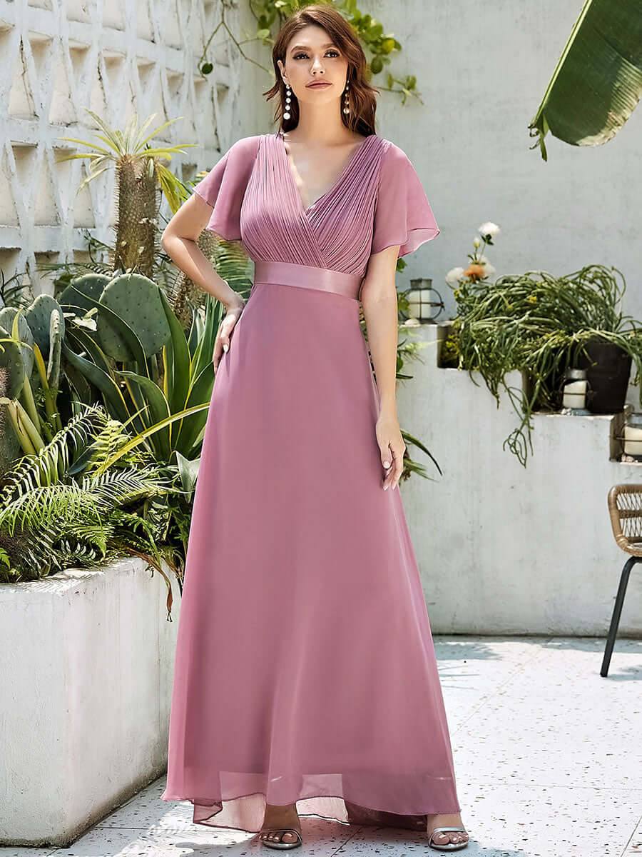 Dusty Rose Pleated Ruffle Sleeves Bridesmaid Dresses-Mei - RongMoon