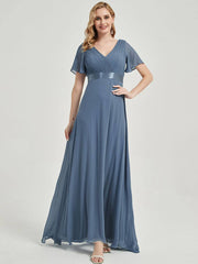 Slate Blue Chiffon Bridesmaid Dress For Plus Size Women-Mei - RongMoon