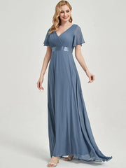 Slate Blue Chiffon Bridesmaid Dress For Plus Size Women-Mei - RongMoon
